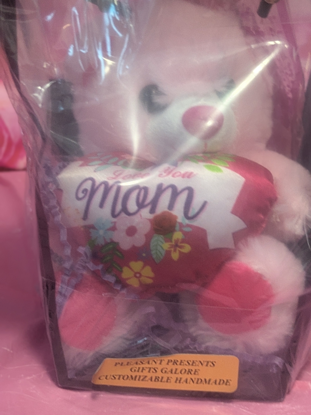 Pink Plush Bear Holding 'Mom' Heart Pillow Gift Bag Victoria Secret Love Spell